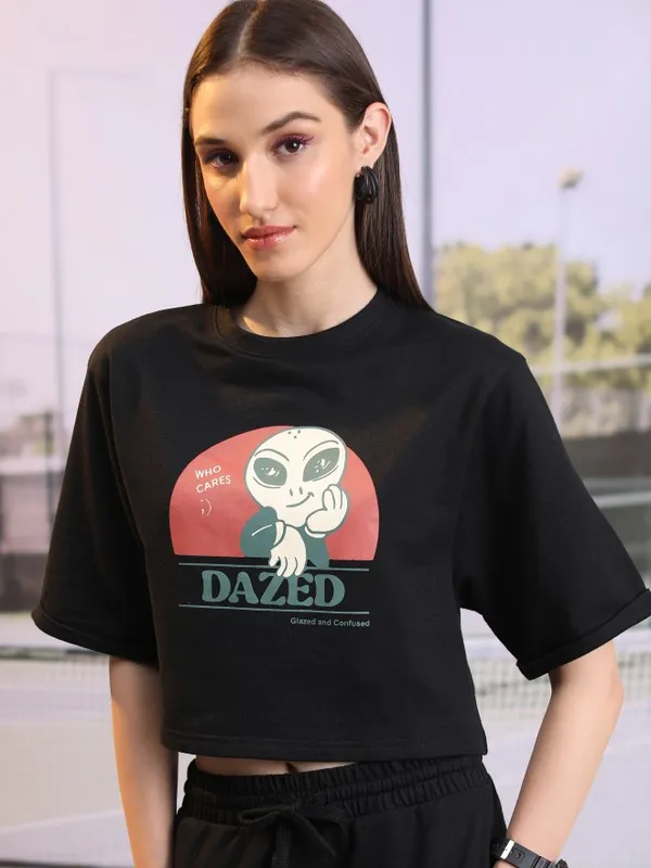  Tokyo Talkies Women Black Printed Round Neck T-Shirts