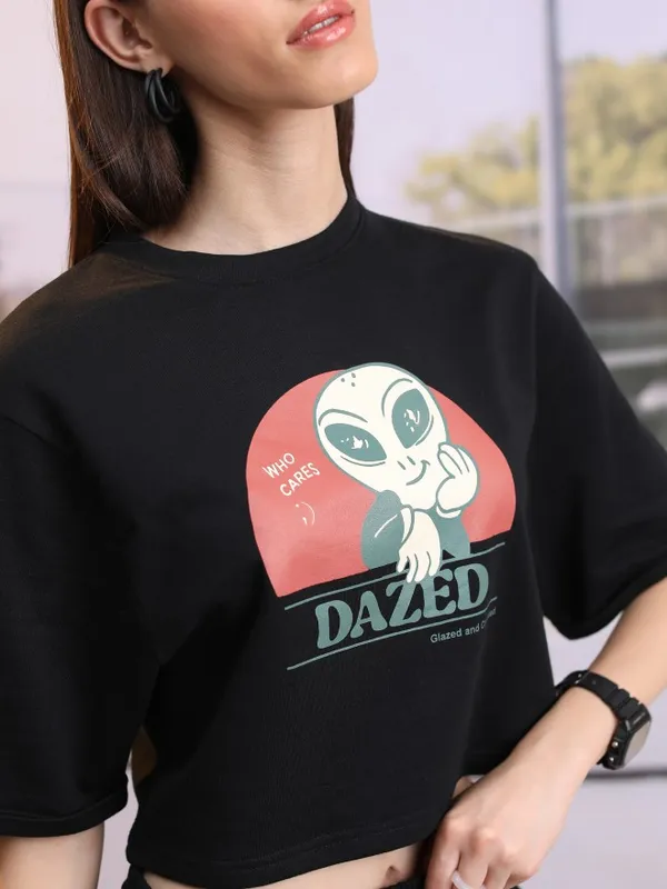  Tokyo Talkies Women Black Printed Round Neck T-Shirts