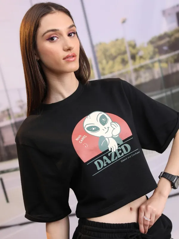  Tokyo Talkies Women Black Printed Round Neck T-Shirts
