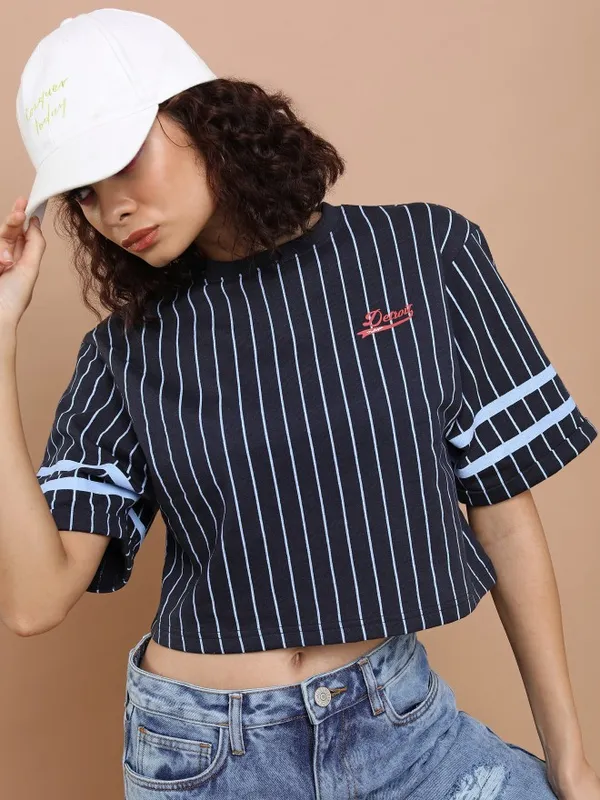 Tokyo Talkies Women Navy Blue Striped Round Neck T-Shirt