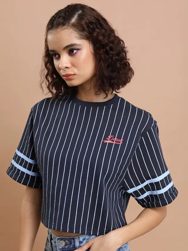 Tokyo Talkies Women Navy Blue Striped Round Neck T-Shirt