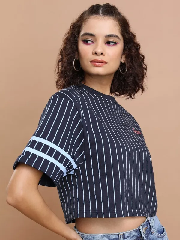 Tokyo Talkies Women Navy Blue Striped Round Neck T-Shirt
