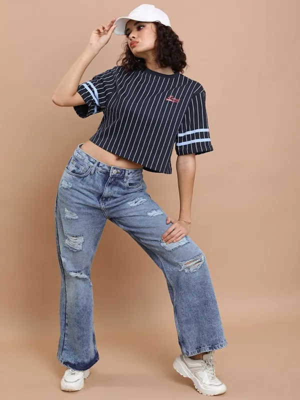  Tokyo Talkies Women Navy Blue Striped Round Neck T-Shirts