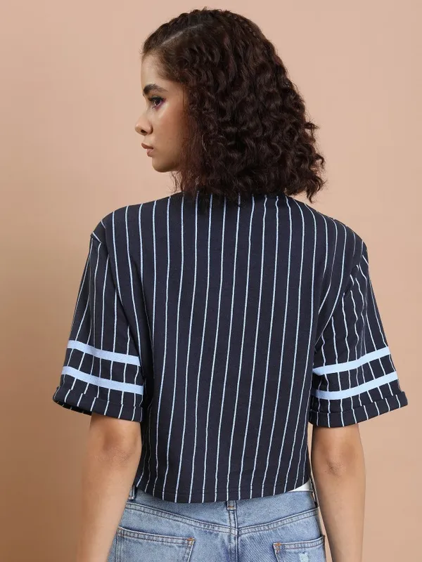  Tokyo Talkies Women Navy Blue Striped Round Neck T-Shirts
