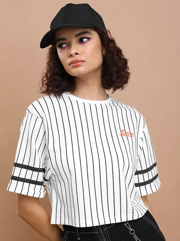  Tokyo Talkies Women White Striped Round Neck T-Shirts