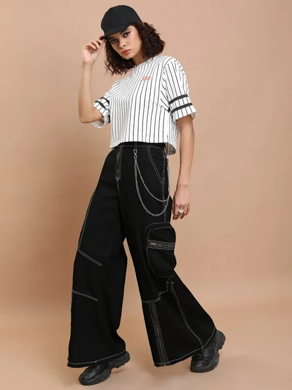  Tokyo Talkies Women White Striped Round Neck T-Shirts