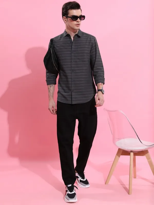  Ketch Men Grey Striped Slim Fit Casual Shirts