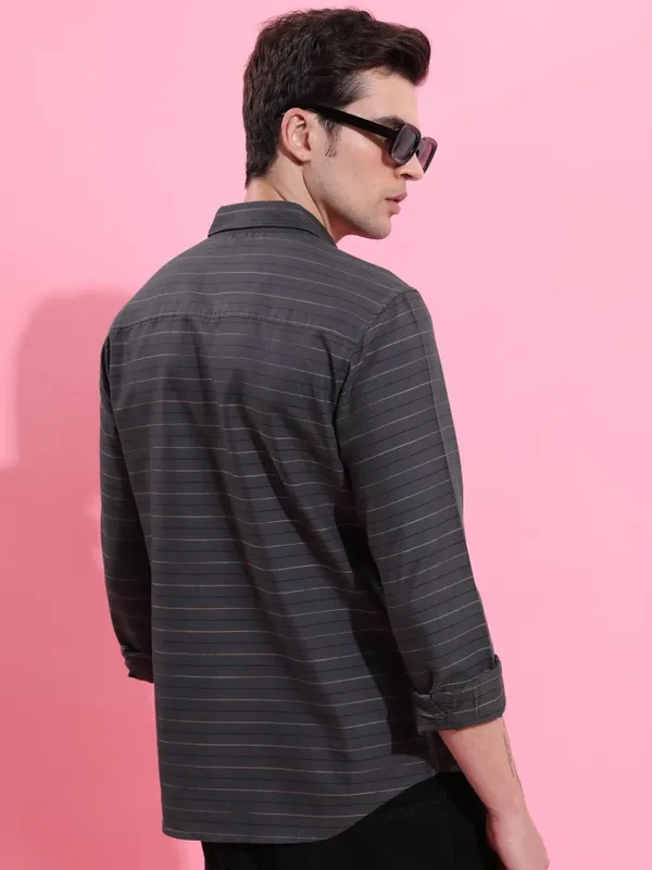  Ketch Men Grey Striped Slim Fit Casual Shirts
