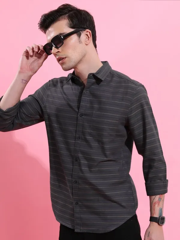  Ketch Men Grey Striped Slim Fit Casual Shirts
