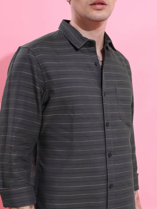  Ketch Men Grey Striped Slim Fit Casual Shirts