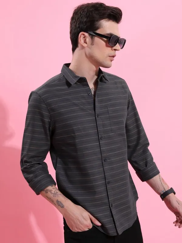  Ketch Men Grey Striped Slim Fit Casual Shirts