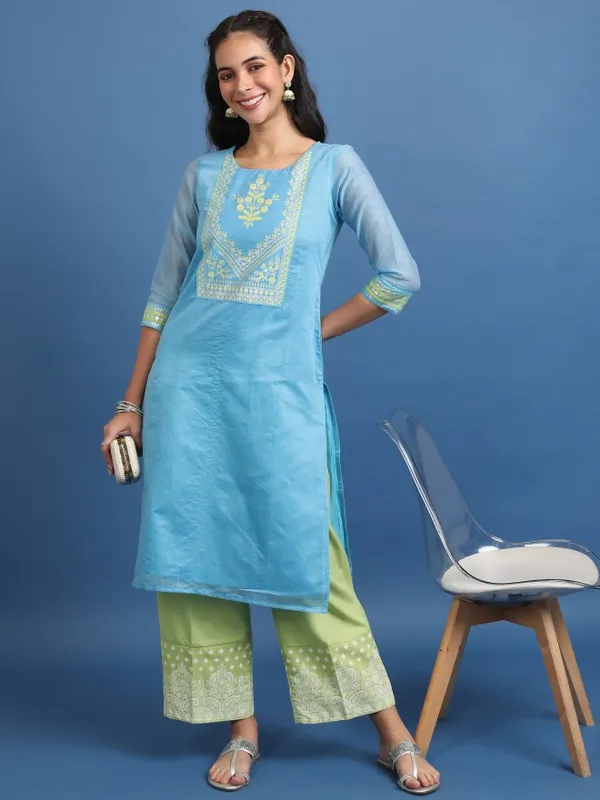 Vishudh Women Blue Printed Straight Kurta