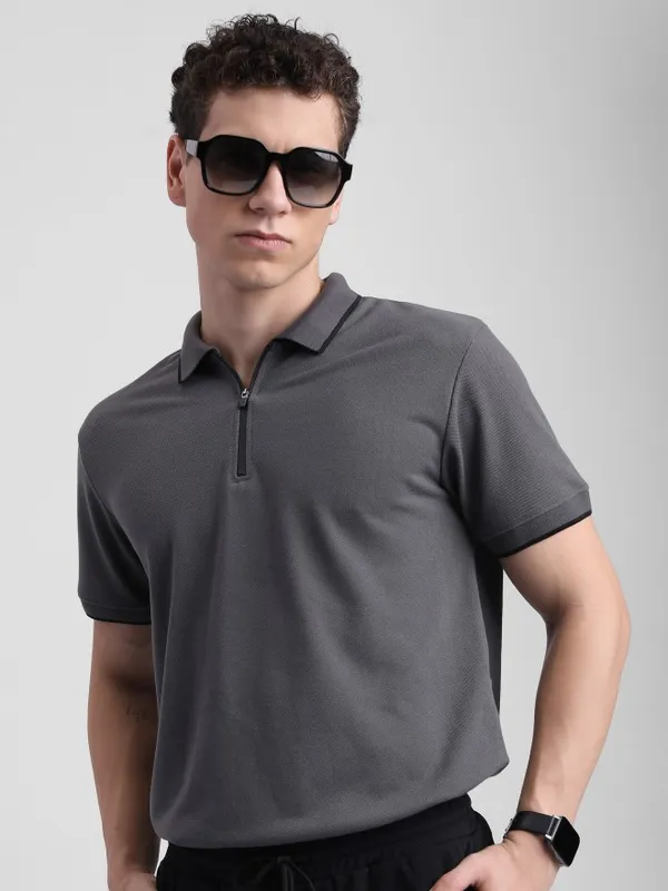  Highlander Men Grey Solid Polo Collar T-Shirts