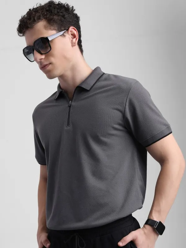  Highlander Men Grey Solid Polo Collar T-Shirts