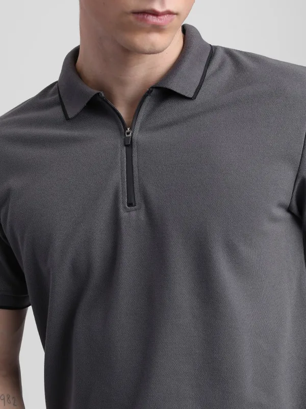  Highlander Men Grey Solid Polo Collar T-Shirts