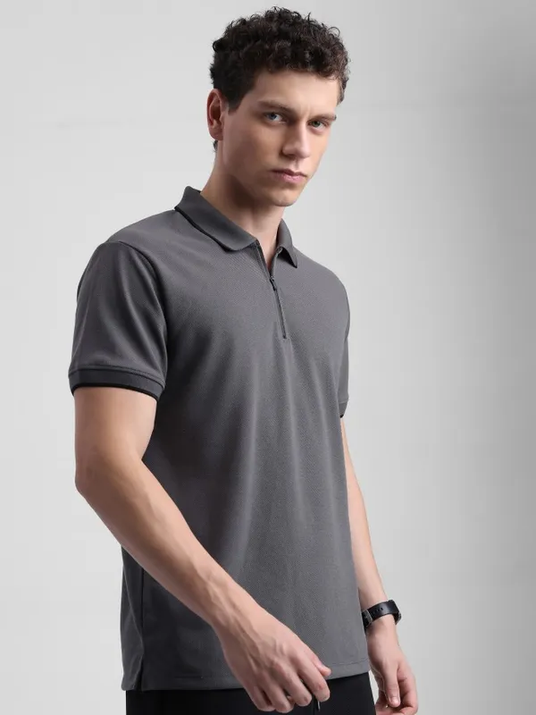  Highlander Men Grey Solid Polo Collar T-Shirts