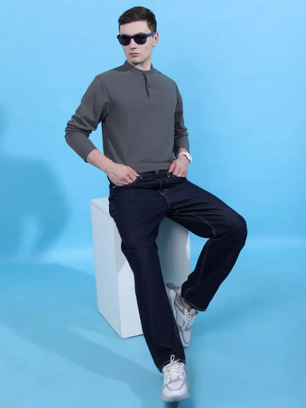 Highlander Men Grey Solid Mandarin Collar T-Shirts