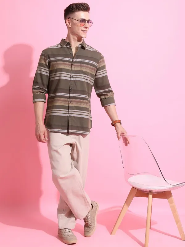  Highlander Men Olive Striped Slim Fit Casual Shirts
