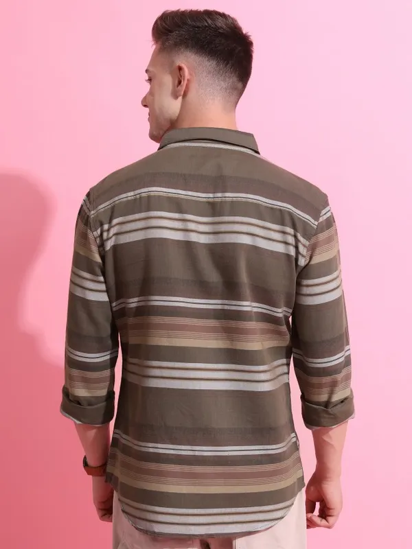  Highlander Men Olive Striped Slim Fit Casual Shirts