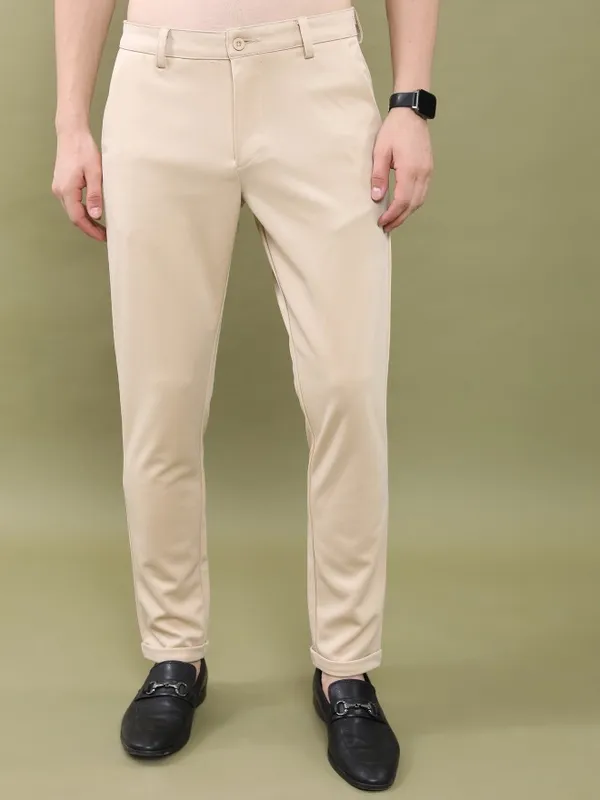  Highlander Men Beige Slim Fit Solid Casual Trousers
