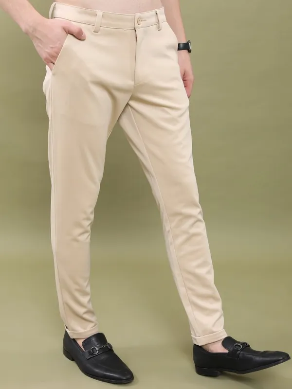  Highlander Men Beige Slim Fit Solid Casual Trousers
