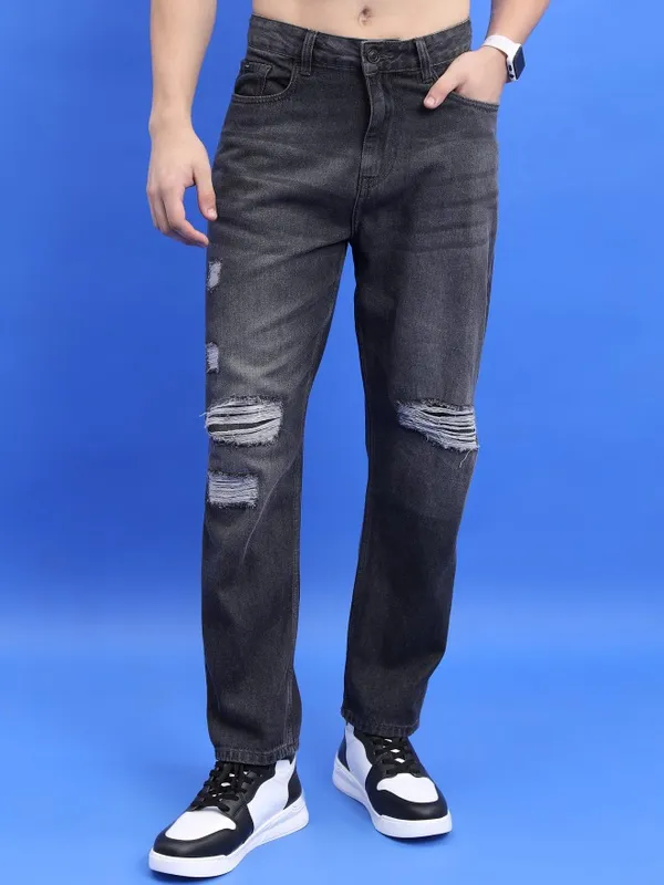  Highlander Men Grey Straight Fit Highly Distressed Jeans