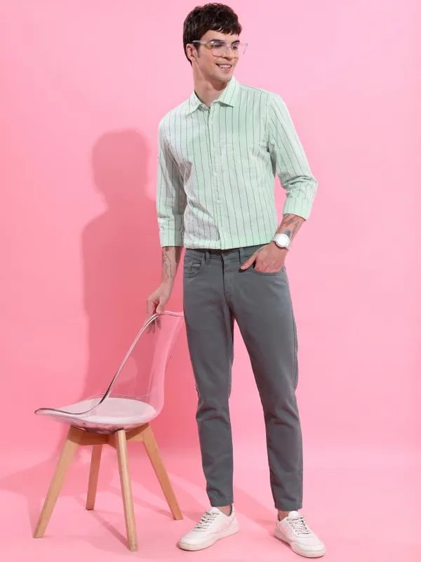  Ketch Men Green Striped Slim Fit Casual Shirts