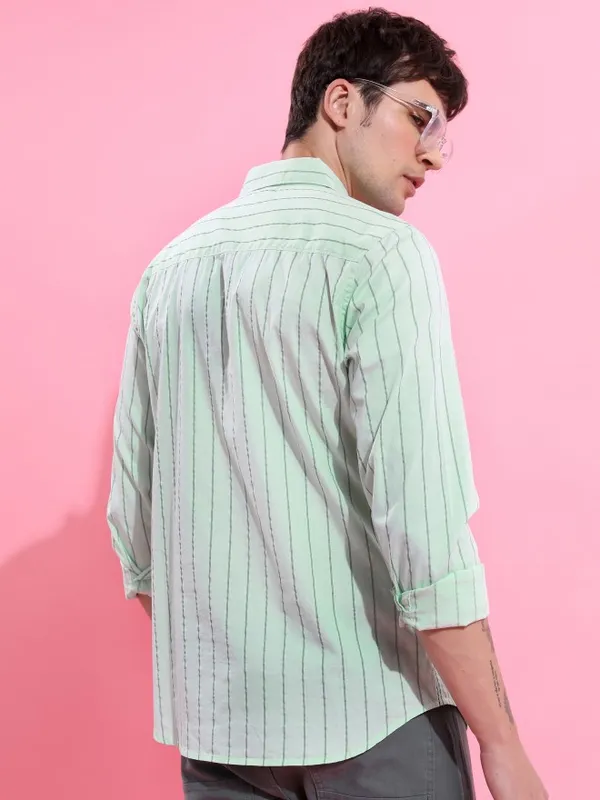  Ketch Men Green Striped Slim Fit Casual Shirts