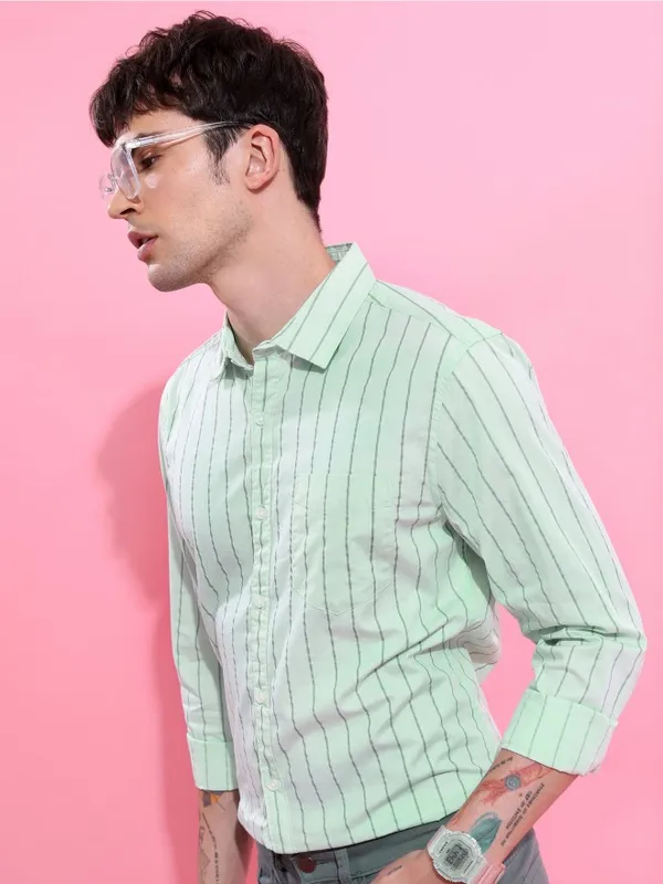  Ketch Men Green Striped Slim Fit Casual Shirts