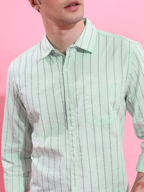  Ketch Men Green Striped Slim Fit Casual Shirts