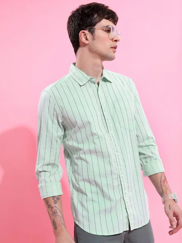  Ketch Men Green Striped Slim Fit Casual Shirts