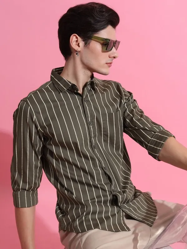  Ketch Men Olive Striped Slim Fit Casual Shirts