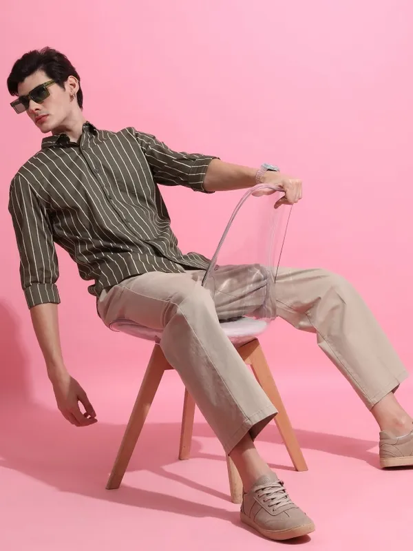  Ketch Men Olive Striped Slim Fit Casual Shirts