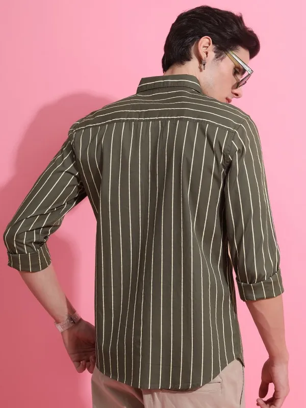  Ketch Men Olive Striped Slim Fit Casual Shirts