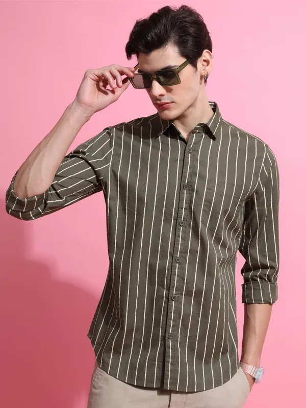  Ketch Men Olive Striped Slim Fit Casual Shirts