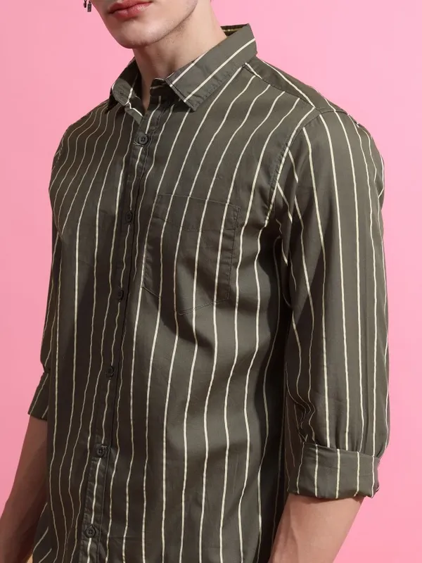  Ketch Men Olive Striped Slim Fit Casual Shirts