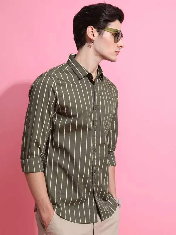  Ketch Men Olive Striped Slim Fit Casual Shirts