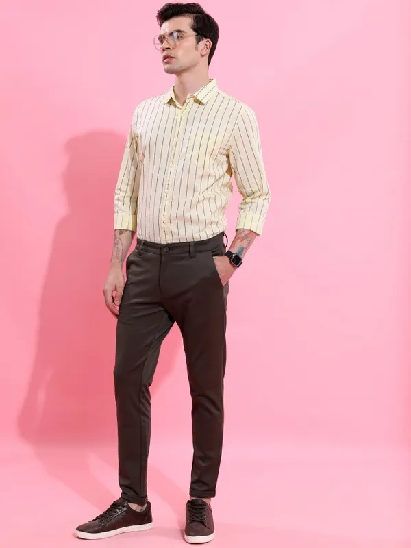  Ketch Men Yellow Striped Slim Fit Casual Shirts