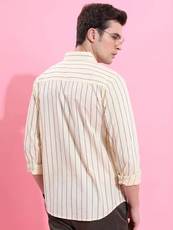  Ketch Men Yellow Striped Slim Fit Casual Shirts