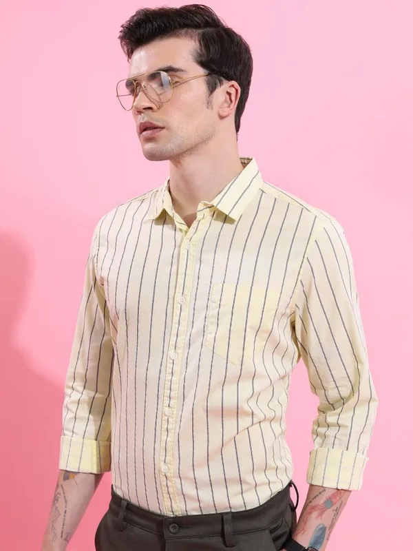  Ketch Men Yellow Striped Slim Fit Casual Shirts
