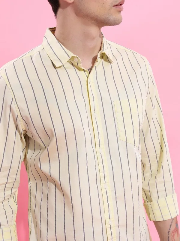  Ketch Men Yellow Striped Slim Fit Casual Shirts