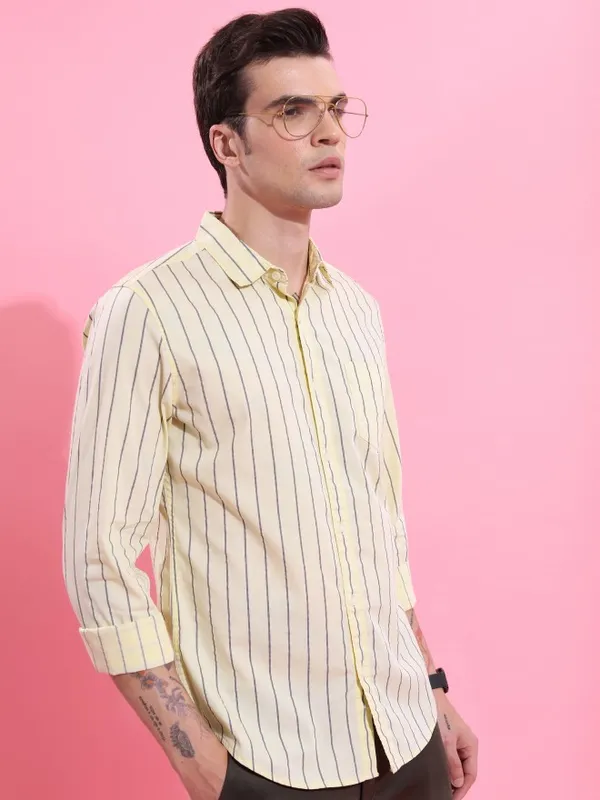  Ketch Men Yellow Striped Slim Fit Casual Shirts