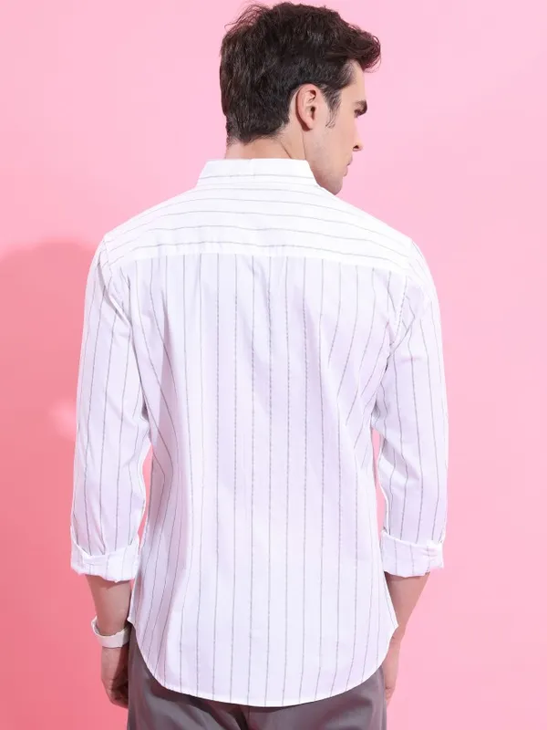  Ketch Men White Striped Slim Fit Casual Shirts
