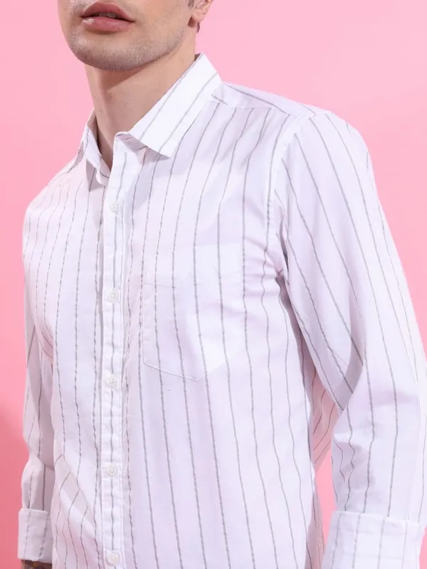  Ketch Men White Striped Slim Fit Casual Shirts