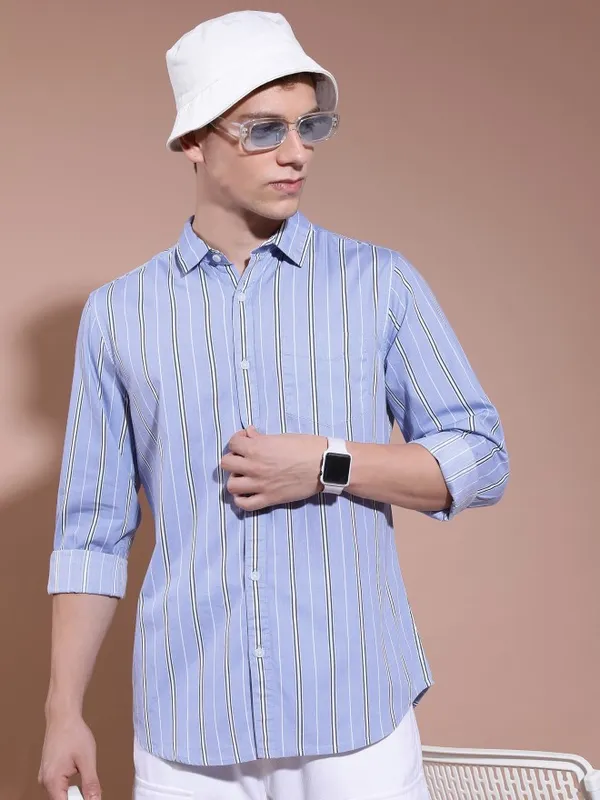  Ketch Men Lavender Striped Slim Fit Casual Shirts