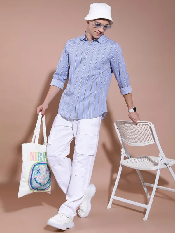  Ketch Men Lavender Striped Slim Fit Casual Shirts