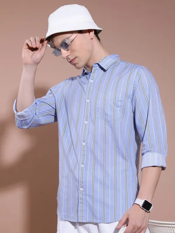  Ketch Men Lavender Striped Slim Fit Casual Shirts