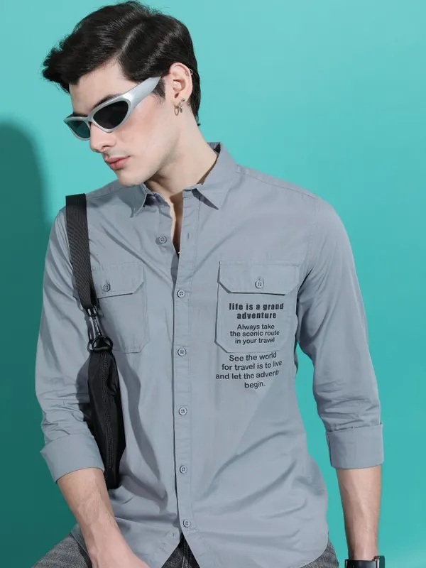  Highlander Men Grey Printed Slim Fit Casual Shirts
