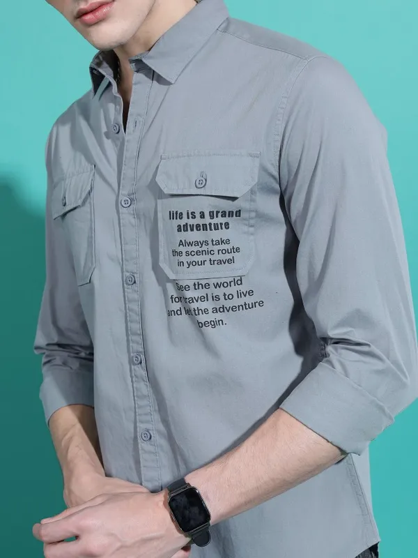  Highlander Men Grey Printed Slim Fit Casual Shirts