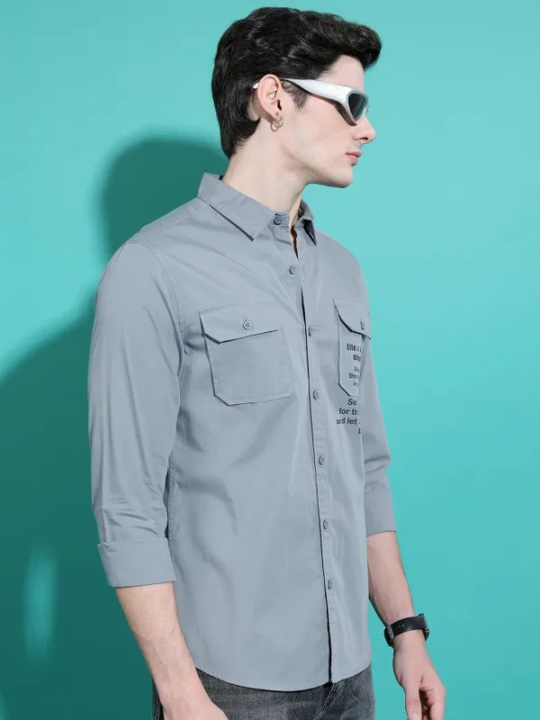  Highlander Men Grey Printed Slim Fit Casual Shirts
